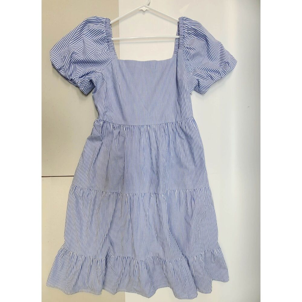 J.Crew Blue White Striped Puff Sleeve Smocked Tiered Midi Dress Size 12